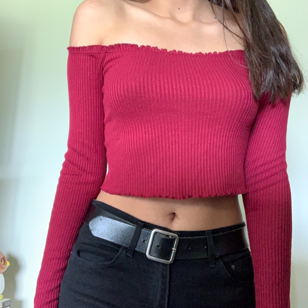Off the shoulder long sleeve red top